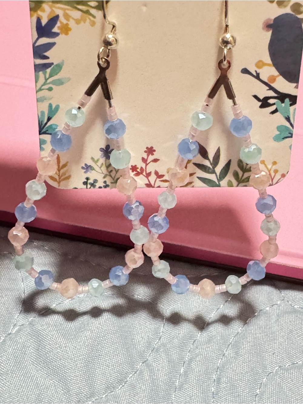NWOT Handcrafted Crystal Blue Pink Pastel Beaded Teardrop Nickel Free Earrings